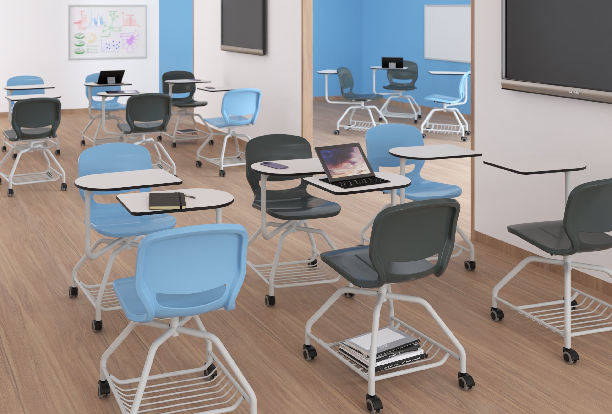 Silla escolar con carcasa de polipropileno con refuerzo perimetral de 25 mm. Estructura de tubo Ø25x1,5 mm. en forma de araña, con ruedas y bandeja inferior portaobjetos. Diseño ergonómico sin aristas, con sistema antibalanceo. Asiento amplio que maximiza el confort y la atención en el aula. Pala de 500x300 mm. fabricada en Compacmel de 13 mm. Puede rotar 360º para situarse en cualquier posición alrededor del asiento.